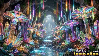 Tinted glass mushrooms and crystals shine along a stream inside a cave