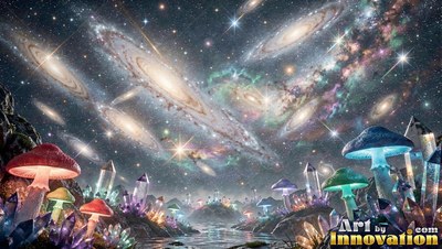 Under a sky full of spiral galaxies, colorful mushrooms grow beside crystals