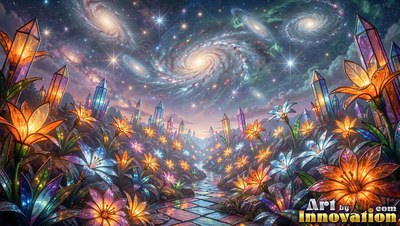 Winding between mosaic glass flowers, a tiled path leads to crystal towers under galaxies