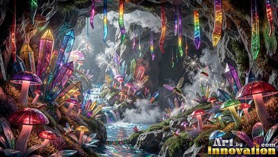 Bright clear glass mushrooms and crystals fill a rocky cave with water