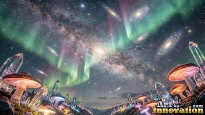 Bright pink mushroom caps rise beside tall quartz crystals under green auroras
