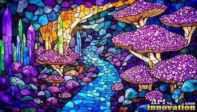 Mosaic tinted glass mushrooms grow beside a winding blue stream under warm yellow light