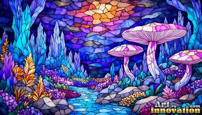 Tilted upward toward purple mushrooms beside a blue river