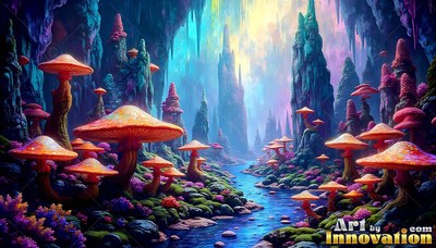 Orange mushrooms sprout beside a blue stream running through rock spires