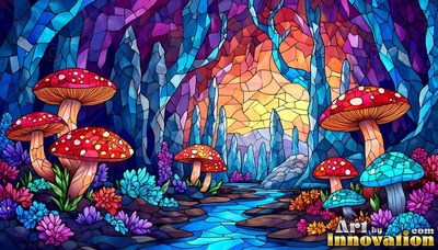 In a mosaic glass forest, red mushrooms grow along a bright blue stream