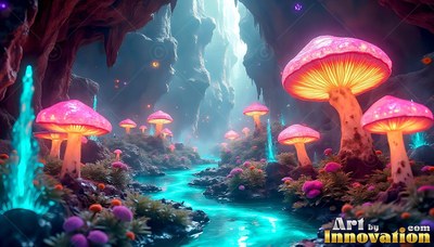 Sprouting along a bright blue stream, pink mushrooms light a shadowy cave canyon