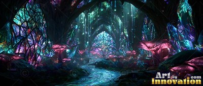 Pink mushrooms and blue crystals along a dark stream in a cave
