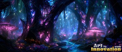 Flat purple mushroom caps spread beside dark trees and a blue stream in a deep forest