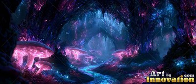 Giant mushrooms line a dark crystal cave with bright pink and blue light