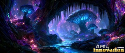 Bright blue and purple mushrooms light up a deep cave with a small stream