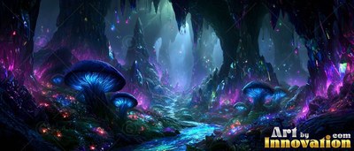 In a dark cavern, blue mushrooms grow along a blue stream under purple light