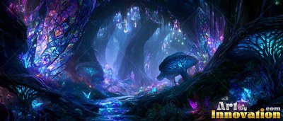 Sprouting in a dark cavern, blue and purple mushrooms line a blue forest path