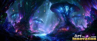 Giant blue mushrooms growing along a stream in a dark purple cave