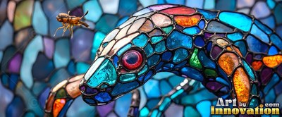 A red round eye marks a stained-glass lizard looking at a flying bug against blue panes