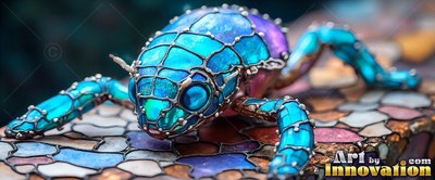 A glass beetle crawls forward across mosaic tiles in bright shades of blue and purple