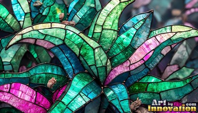 Spreading wide, green and pink stained-glass succulent leaves grow in dark soil