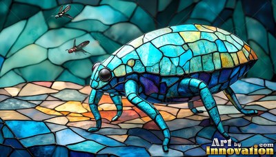A blue mosaic glass bug crawls on mosaic ground as two small flies hover