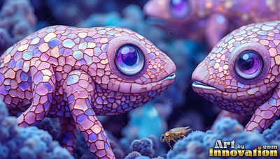 Under blue water, two pink mosaic lizards face each other near a tiny bug