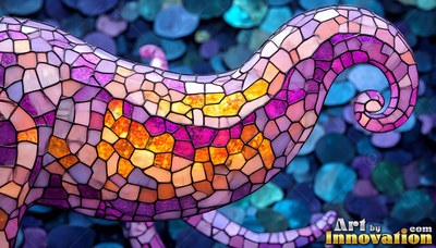 Curling over smooth blue stones, a stained glass tentacle shows pink and yellow tiles