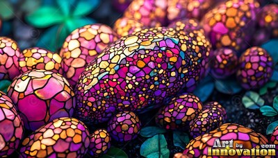 Purple and yellow stained clear glass mushrooms on a forest floor