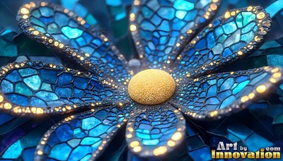 Blue tinted glass petals with golden edges open around a round yellow center in close view