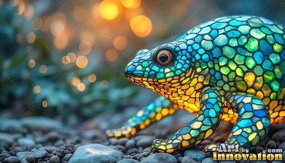 A mosaic frog crouches on pebbles under soft golden bokeh lights