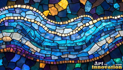 Curving across dark space, blue and yellow tinted glass tiles flow like a river