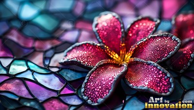 A pink stained-glass flower with beaded petals rests on dark mosaic tiles
