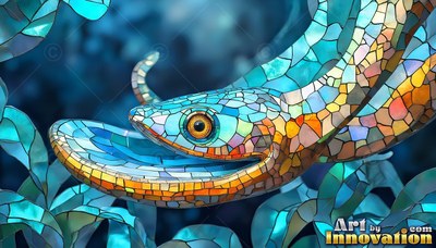 In blue water, a mosaic snake glides forward with its mouth wide open