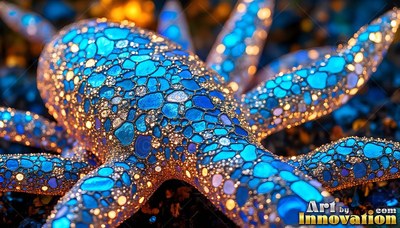 Resting on dark gravel, an octopus shines with blue and gold leaded glass tiles