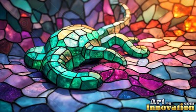Green segmented glass plates cover a small lizard crawling across a purple mosaic ground