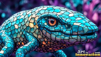 A mosaic lizard stares forward with bright cyan glass scales on its skin