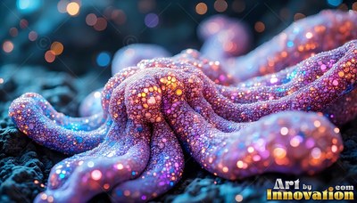 Sprawled on dark ground, a purple octopus covered in tiny bright dots