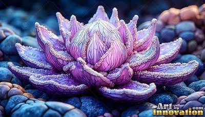 A light purple lotus flower rests on a bed of smooth blue pebbles