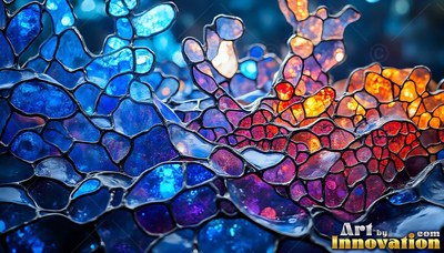 In a dark space, blue and orange colored glass coral rises in soft light
