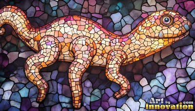 Crawling forward, an orange stained-glass lizard rests over dark purple tiles
