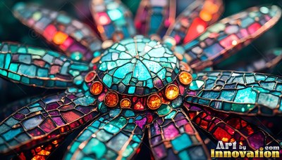 Stained glass flower with teal and purple mosaic petals