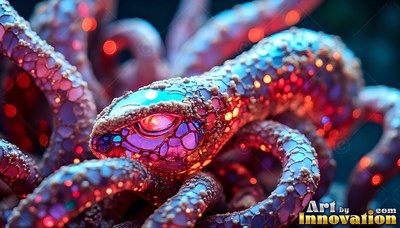 Bright purple scales cover a snake-like alien coiled with tentacles in dim water