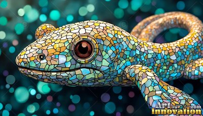 A mosaic lizard crawls forward under soft turquoise bokeh light dots