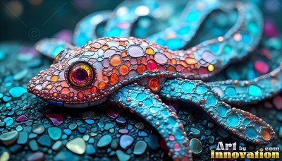 Resting flat on dark pebbles, a spotted orange octopus spreads blue arms