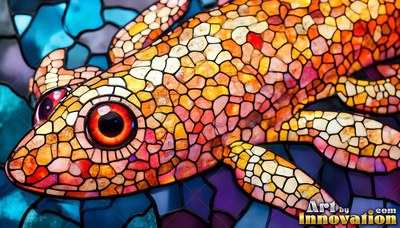A leaded glass lizard with big round eyes rests on blue stones