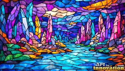 In a stained glass landscape, tall purple crystals line a winding blue stream