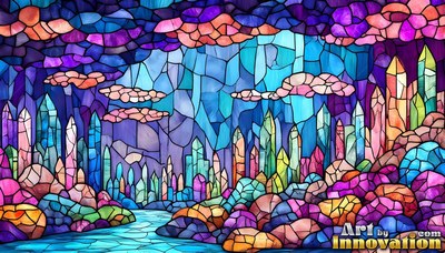 Rising from rocky ground, tall crystal spires stand under pink clouds in leaded glass