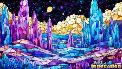 Purple and blue crystal spires rise under a dark starry sky