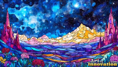 Sharp pink crystal spires rise from blue colored glass hills under a starry night sky