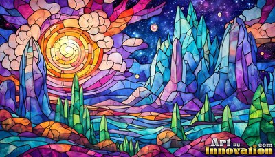Crystal mountains rise under a night sky lit by a bright yellow spiral sun
