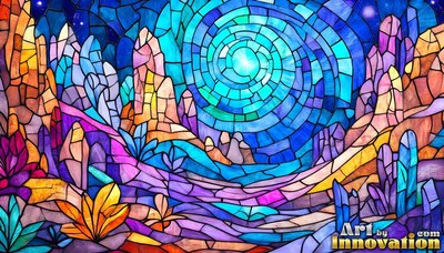 Looking straight ahead at a stained glass valley of crystals under a spiral sky