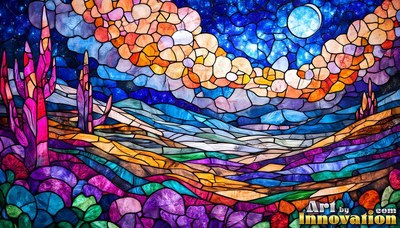 Leaded glass desert with pink cactus under a blue moonlit sky