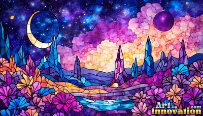 In a colored glass landscape, blue crystal spires rise from bright purple flowers