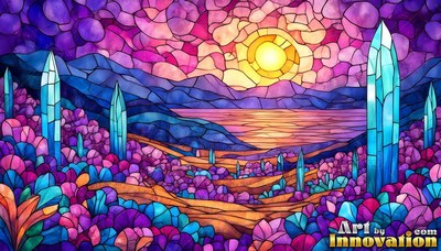 Rising over a purple landscape, a yellow sun shines near tall blue crystals